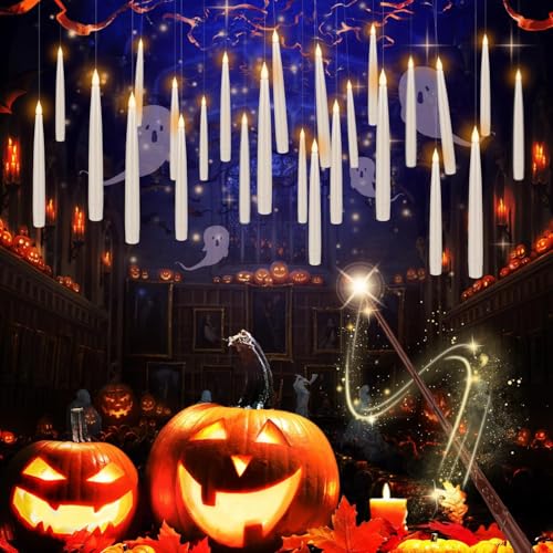 White 24 Pack Halloween LED Floating Candles with Flickering Flameless Tapers & Magic Wands