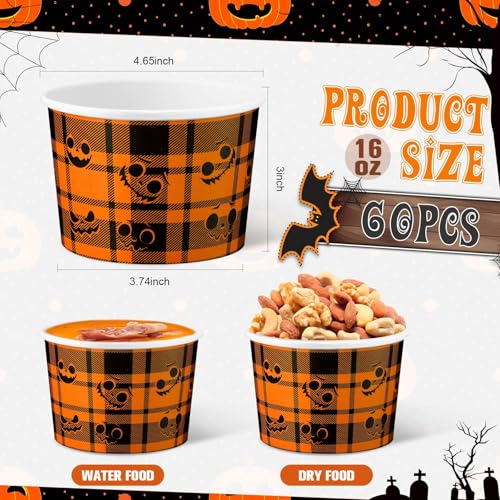 Halloween Pumpkin Face Disposable Paper Cups 16oz Bulk Snack Bowls - 60 Pack