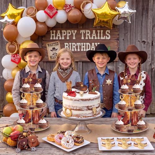 Cowboy Cupcake Stand with 24 Western Cake Toppers - Rustic 3 Tier Party Decor