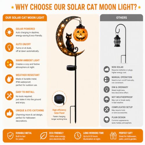 Halloween Black Cat LED Lantern Waterproof Outdoor Holiday Decoration with Crescent Moon & Hanging Jack-O'-Lantern