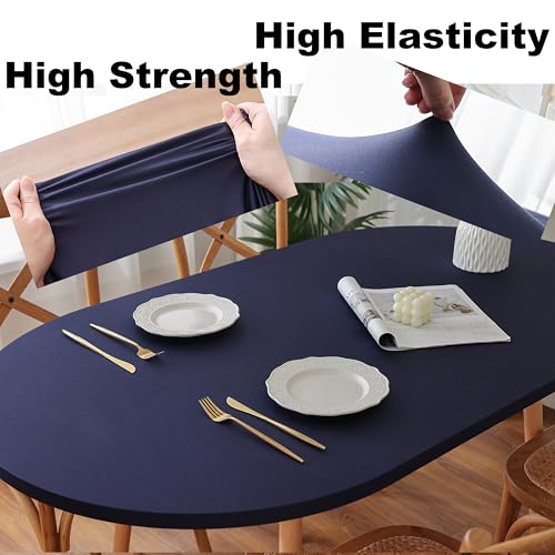 Navy Blue Fitted Spandex Oval Tablecloth 42x72 Inch with Elastic Band