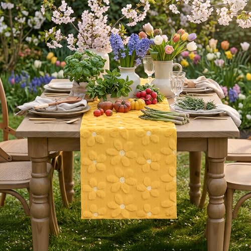 Yellow Soft Plush Faux Fur Jacquard Embroidery Daisy Table Runner 13x60 Inches — Kitchen Dining Decor