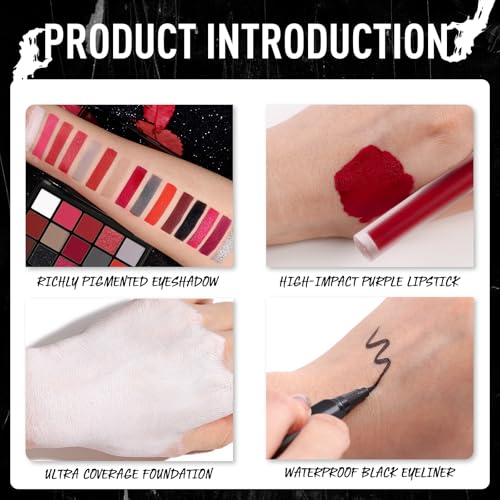 Halloween Makeup Kit - 15-Color Red Eyeshadow Palette, White Foundation & More - Red Makeup Kit