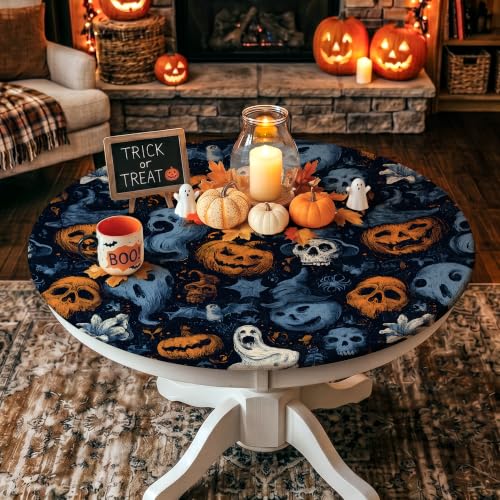 Halloween Round Fitted Tablecloth for 31-36 Inch Tables - Spooky Party Decor
