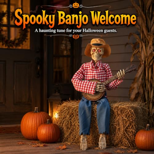 Halloween Animatronic Banjo Skeleton - Cowboy Skeleton Decor with LED Eyes - Variation of THIS listing