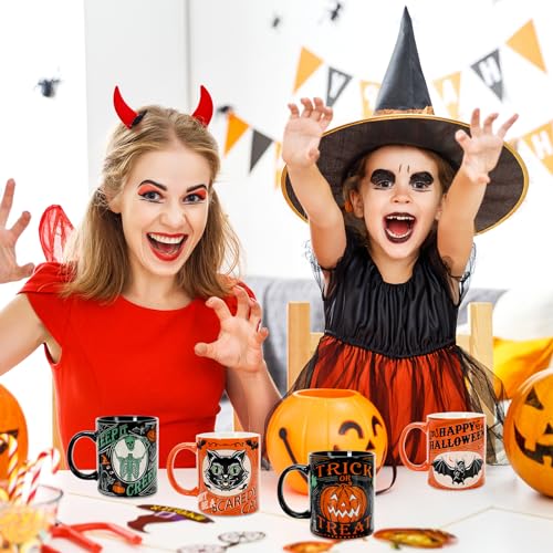 Halloween Ceramic Coffee Mug Set - Pumpkin Black Cat Skeleton 12oz