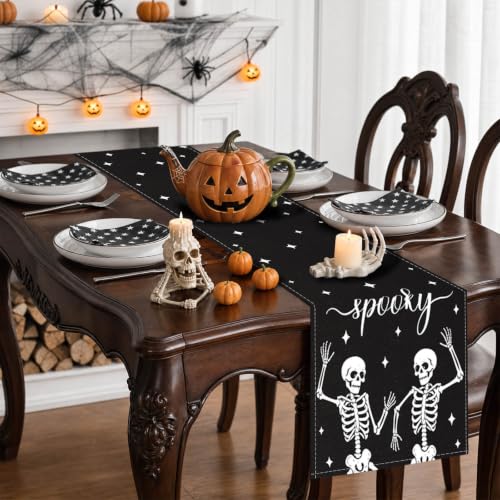 Halloween Table Runner Spooky Skeleton Decor 13x72 Inch - Black Halloween Table Decor