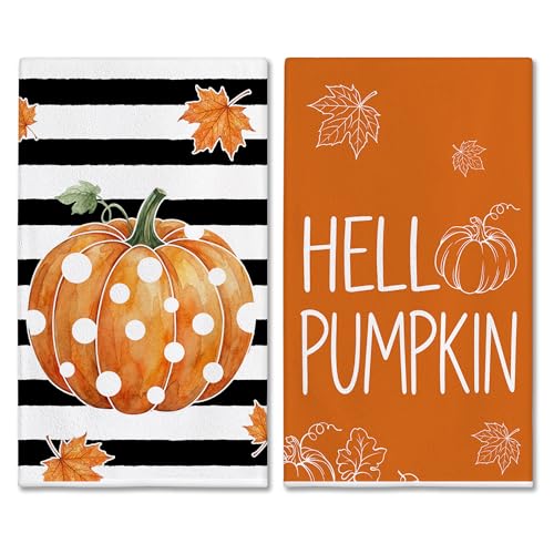 Pumpkin Stripe Fall Kitchen Towels Set of 2 - 18x28 Inches, Autumn Decor