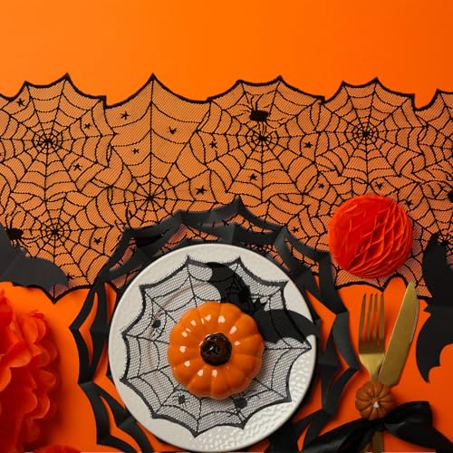 Halloween Spider Web Table Runner & Placemat Set - Black Lace Decor