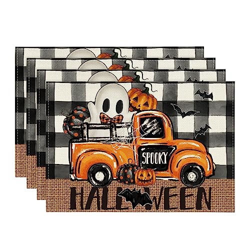 Halloween Bat Ghost Placemats Set of 4 12x18 Inch Spooky Table Decor for Kitchen & Dining