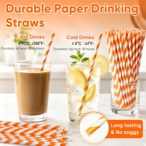 Orange White Striped Paper Drinking Straws - Eco-Friendly 7.75" Pack of 100