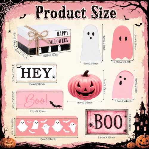 Pink Ghost Halloween Wooden Tiered Tray Decor Set - Spooky Season Centerpiece