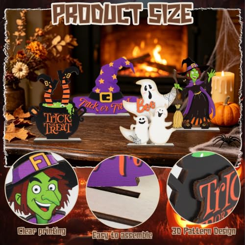 Halloween Wooden Table Centerpiece Signs - 4 Pack Rustic Ghost & Witch Decor with Variation Style 1