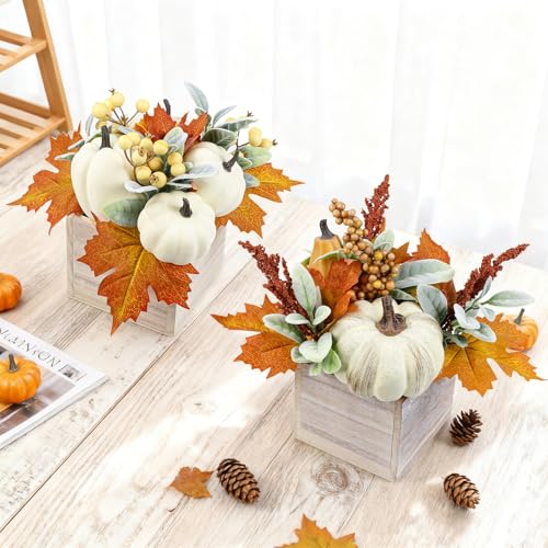 Autumn Fall Pumpkin Decor Set in Wooden Box - Harvest Thanksgiving Centerpieces