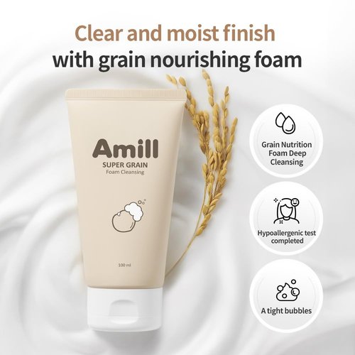 Amill Super Grain Foam Cleansing - Gentle Facial Cleanser with Multi-Grain Extracts | 100ml/3.39fl.oz