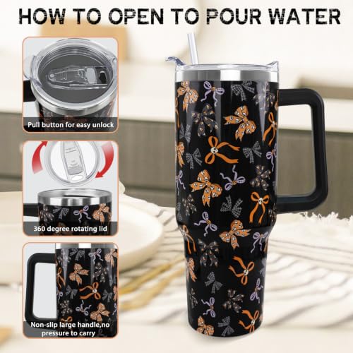 Halloween 40oz Tumbler with Handle Goth Skull Bow Candy Corn Spiderweb Coffee Travel Mug - Black+Pink