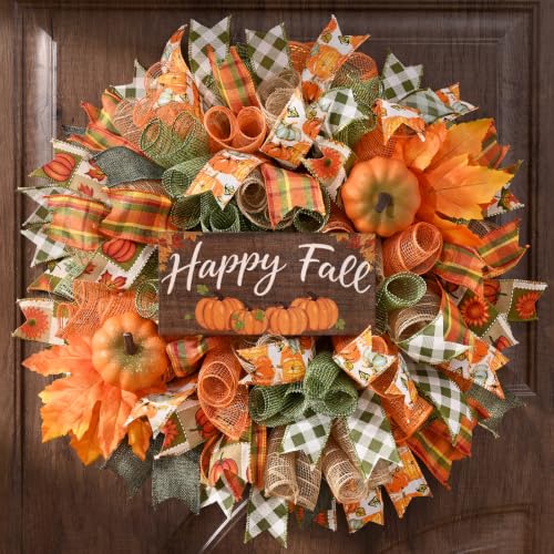 Fall Wreath for Front Door - 20 Inch Mesh Bow with Wooden 'Happy Fall' Sign - Orange Green Variation