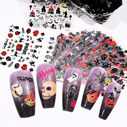 Halloween Nail Art Stickers 24 Sheets Ghost Pumpkin Bat Skull Spider Self-Adhesive - Style-03
