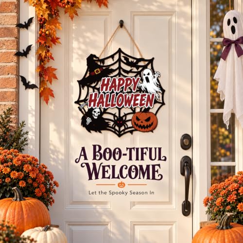 Spooky Halloween Wall Decor Signs - Happy Halloween Spider Web Variation