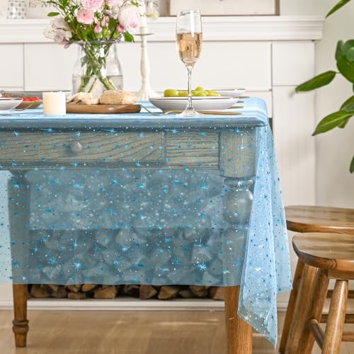 Horaldaily Light Blue Gold Star Gauze Tablecloth 60x84 Inch Rectangular
