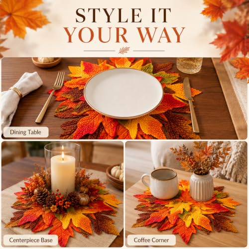 Fall Thanksgiving Maple Leaf Placemats Set - 4 Multicolor 15 Inch - Layered 3D Design