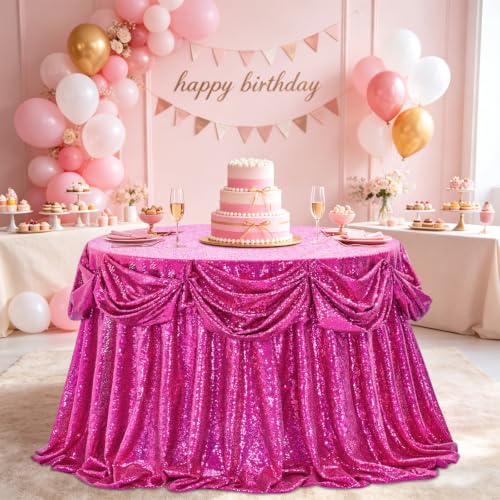 Fuchsia Round Sequin Tablecloth - 132 Inch Glitter Cover for Wedding & Party