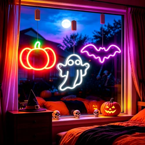 Rechargeable Halloween Window Lights Set - Purple, White & Orange with Timer 11.8x5.9in