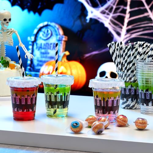 Halloween Cups with Lids & Straws - Horror / Black - 50 Pack, 12 oz