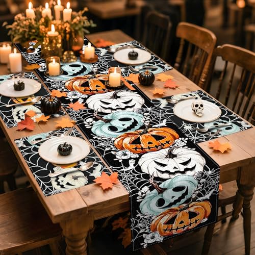 Halloween Table Runner 13x72 Inch Spider Web Pumpkins Decor - Black Variation