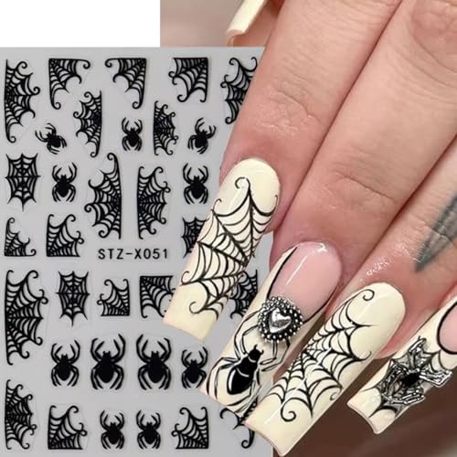 Halloween Spider Web Nail Stickers - Black Stars Moon Flame Design, 8 Sheets, DIY Manicure Decorations - Black Variant