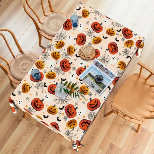 Halloween Tablecloth 60x84 Inch Rectangular Jack-O-Lantern Spider Web Bat Ghost Reusable Washable