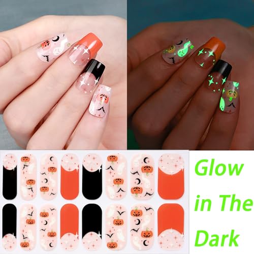 Halloween Glow-in-The-Dark Nail Wraps - Ghost & Pumpkin French Tips, 4 Sheets, Style 10