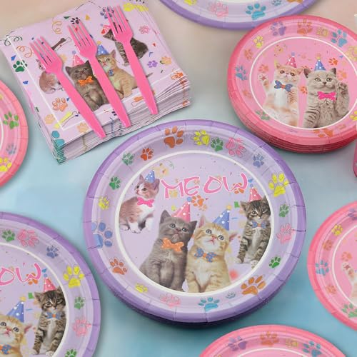 Cat Birthday Party Supplies Set for 25 Guests - Plates, Napkins, Forks & Backdrop