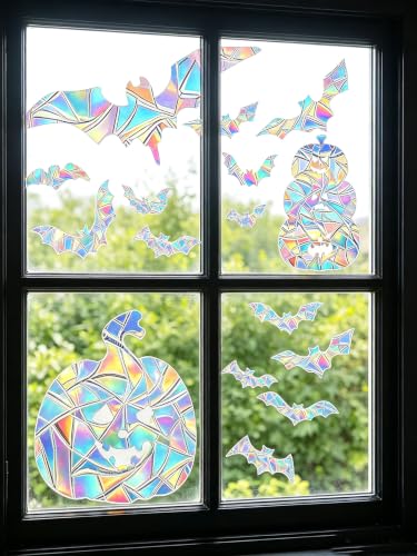 Halloween Window Decals Set - Rainbow Ghost Bat Pumpkin Stickers for Holiday Decorations