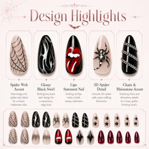 Gothic Halloween Press-On Nails with Spider Flame Chain Design - Black Red Variation