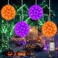 LED Halloween Sphere Lights - 4.2-Inch Purple & Orange Cherry Blossom Ornaments with 16 Modes, Indoor Outdoor Decor (4 Pack)