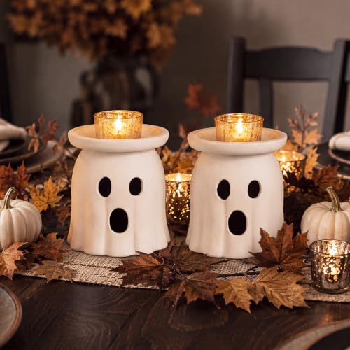 Ghost Shaped Halloween Candle Holders - Terracotta Table Decor - Set of 2