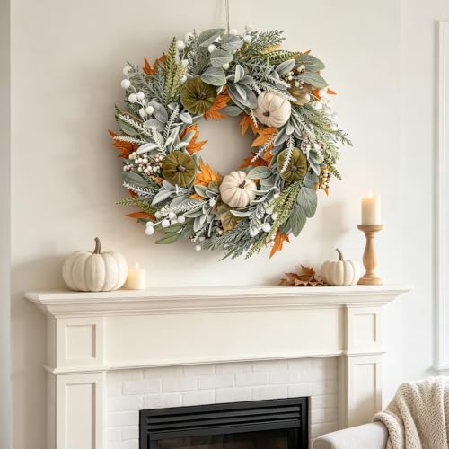 22 Inch Fall Eucalyptus Wreath with Pumpkins Berries and Maple Leaves for Front Door Indoor Outdoor Halloween Thanksgiving Decor