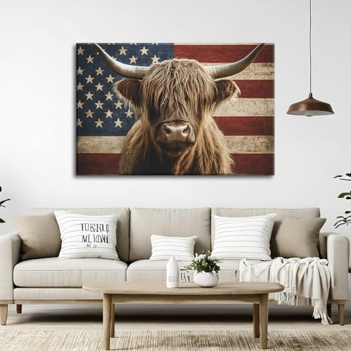 Highland Cow Wall Art American Flag Barn Decor Canvas Print - 18 x 12 Inches - Farmhouse Rustic Artwork for Living Room Bedroom Kitchen