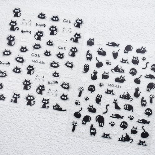 Black Cat Nail Stickers for Nail Art 5D Embossed Decals - Fish Skeleton Design, 3 Pieces