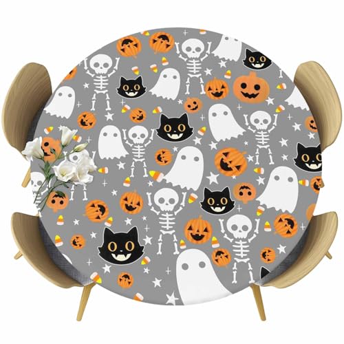 Halloween Fitted Round Tablecloth - Waterproof Skeleton Ghost Design, Fits 45-54 Inches, Grey