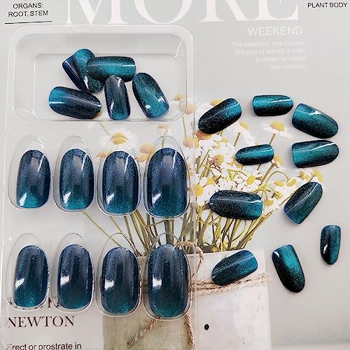 Cat Eye Press-On Nails Short Oval Fake Nails - Dark Blue Variation