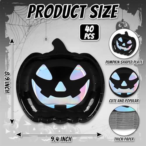 Halloween Iridescent Black Pumpkin Paper Plates 40-Pack - Spooky Party Tableware