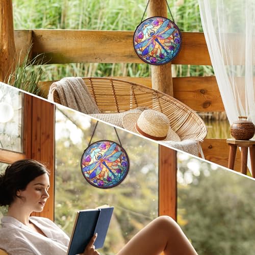 Dragonfly Suncatcher - Stained Glass Window Hanging Decor, 7.9 Inch Garden Wall Art