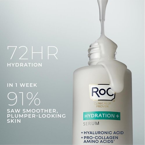 RoC Hydration+ Hyaluronic Acid Serum for Face, Hydrating, Plumping, Fragrance Free, Lightweight Formula with Collagen Proteins (1 Ounce) with Retinol Eye Cream Packette