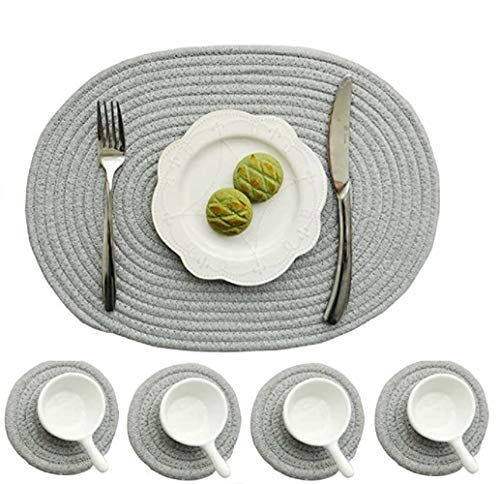 Gray Oval Woven Placemat Set of 4 with Round Coasters - Cotton Rope Table Mats