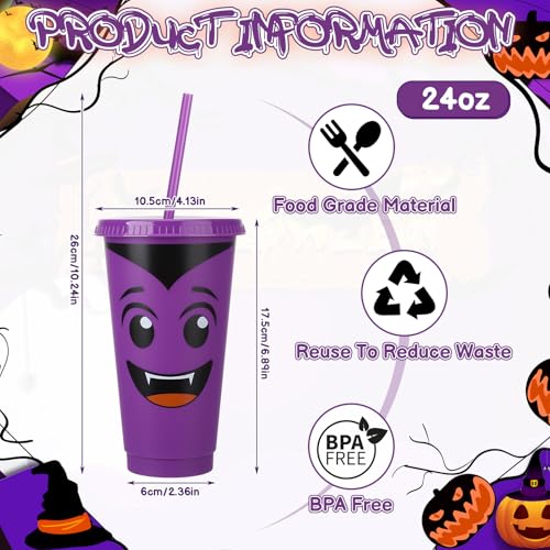 Halloween Plastic Cups with Lids & Straws - 24 oz, Purple & Orange, 12 Pack