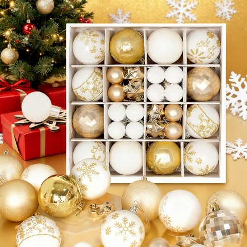 Christmas Ball Ornaments Set - Gold & White 44 pcs Holiday Tree & Wreath Decorations