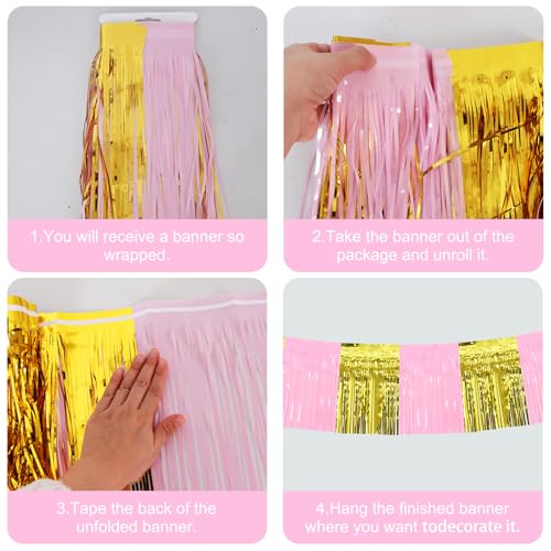 Macaron Pink Gold Fringe Garland Banner 30ft Party Streamers - 3 Pack
