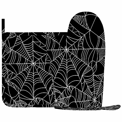 Halloween Spider Web Oven Mitts and Pot Holders Set - Black & White, Heat Resistant Silicone Kitchen Gloves